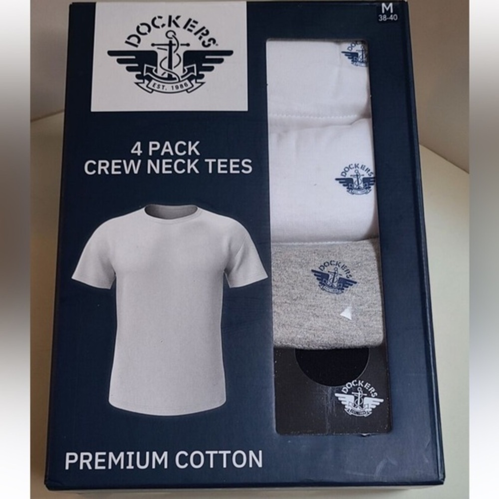 NIB Men's DOCKERS 4 PACK CREW NECK TEE SHIRTS - White, Gray, Black - Medium